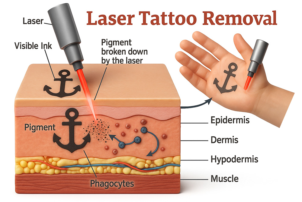 Diagram of laser breaking tattoo ink for immune clearance