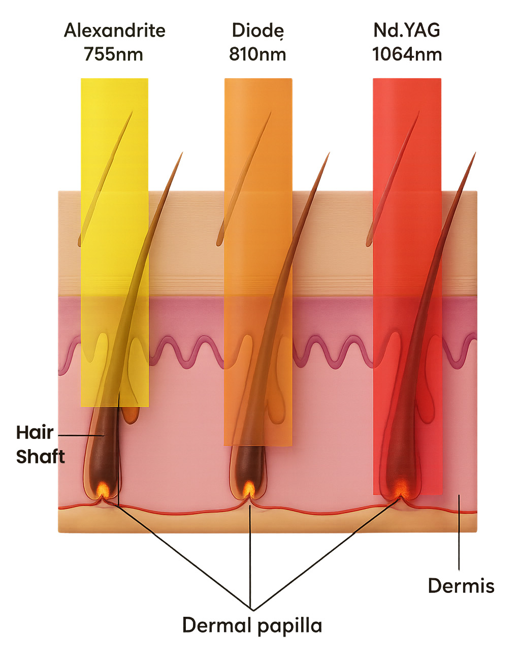 Alexandrite, Diode, and Nd:YAG wavelengths for safe laser hair removal