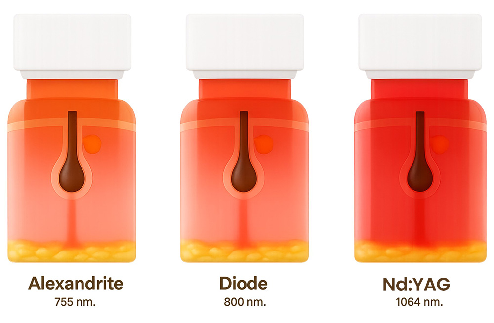 Alexandrite, Diode and Nd:YAG comparison for hair and skin types