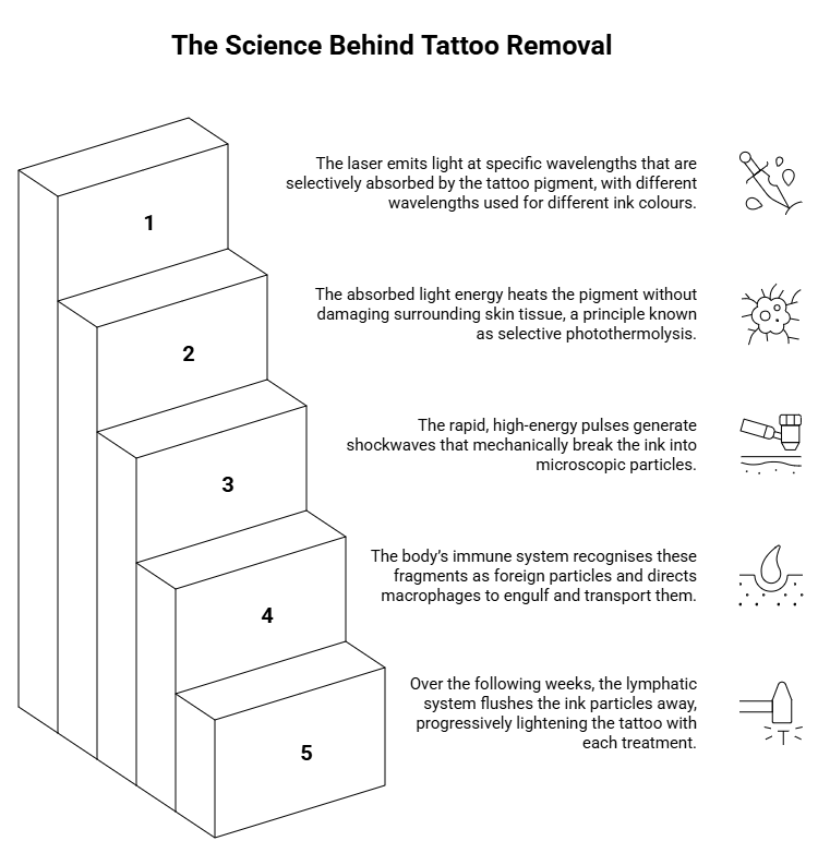 Illustration of laser breaking tattoo ink particles in the dermis
